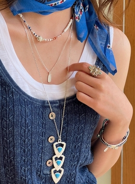 自留推荐 ENSAGE 纯银羽毛三角形绿松石串珠锁骨链编绳酒壶项链