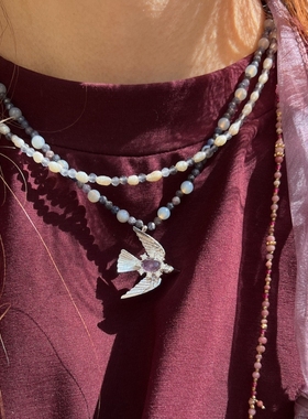 可可同款 ESPIEGLE rosa天然石小鸟编珠项链珍珠贝壳锁骨链