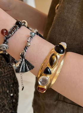 自留推荐 COTEMP 彩宝重工手镯 宽窄花朵手环 四季编织串珠手链