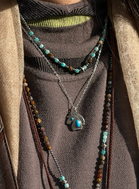 ENSAGE/APT702 灵驹项链 925银镶嵌绿松石马头吊坠毛衣链