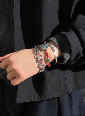 ENSAGE 纯银红琉璃珠项链复古串珠锁骨链气质毛衣链手工高级手链