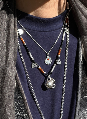 ENSAGE/APT702 椭圆爱心雕花风途小壶吊坠项链 925银珠链毛衣链