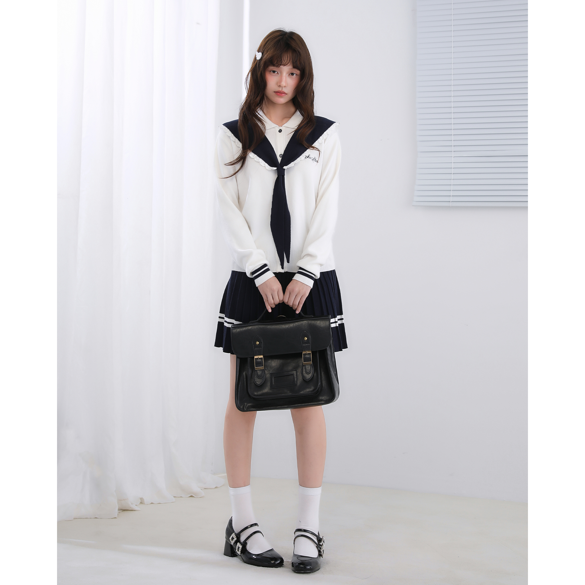 ECHOSTA海军领针织衫套装裙JK校供少女秋新品原创学院可拆卸领子 - 图0