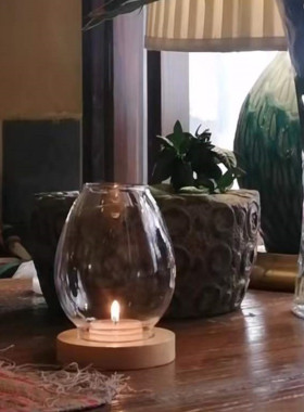 玻璃实木禅意茶道装饰修行烛台