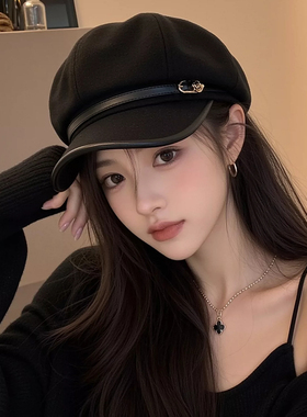 女款秋冬宽檐皮带扣八角帽显脸小