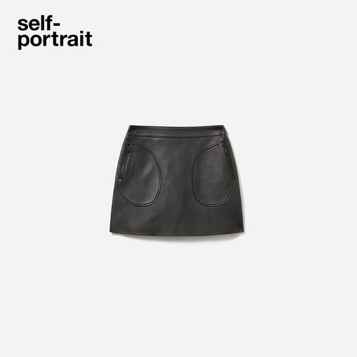 self-portrait 2025秋冬新款经典黑高腰百搭A字羊皮半身裙短裙 - 图3