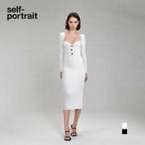 (Ni Ni Tongan) Self-portrait pure white classic black square collar long sleeves tight knit long dress