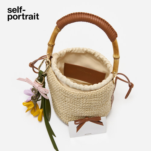 self-portrait 2026早秋新款浅卡其度假风花朵包挂手提草编包 - 图2