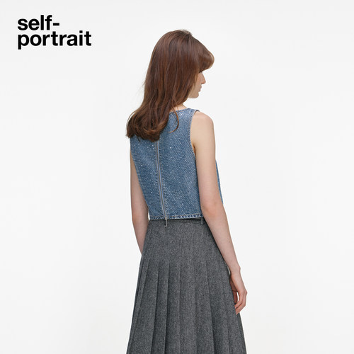 self-portrait 2026春夏新款浅牛仔蓝设计感短款满钻U领背心上衣 - 图0