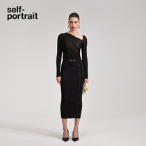 self-portrait 2023 Early autumn Classic black irregular collar open fork Step dress knitted temperament one-piece dress