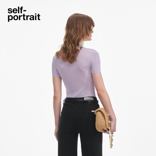 self-portrait 2025早秋新款丁香紫修身短袖半高领打底上衣 - 图0