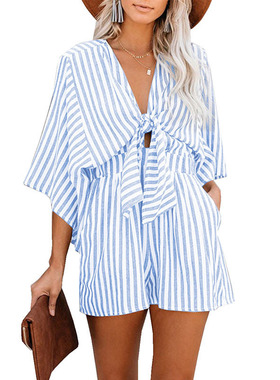 Women's flared sleeve striped jumpsuit条纹连体裤女深v喇叭袖