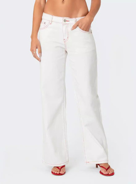 White women's jeans bow cute low waist女白色牛仔裤蝴蝶结低腰