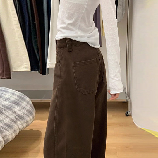 Brown plaid cuffed autumn and winter velvet casual wide-leg pants