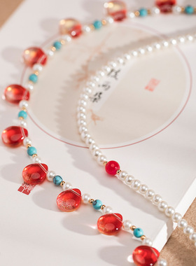 簪娘古风汉服项链女红色琉璃水滴双层璎珞明制坦领古装配饰软璎珞