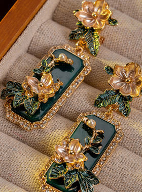 中古耳饰高货宫廷风复古气质长款耳钉 中式重工浮雕个性夸张耳饰