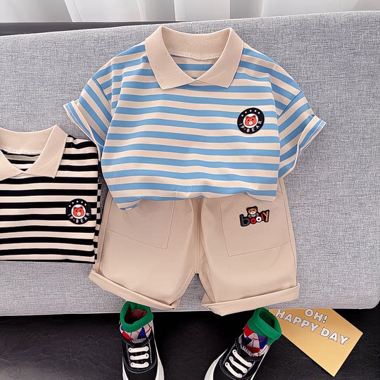 
Summer striped short-sleeved two-piece children's clothing baby boy summer boy suit set 2025 new children's clothing foreign