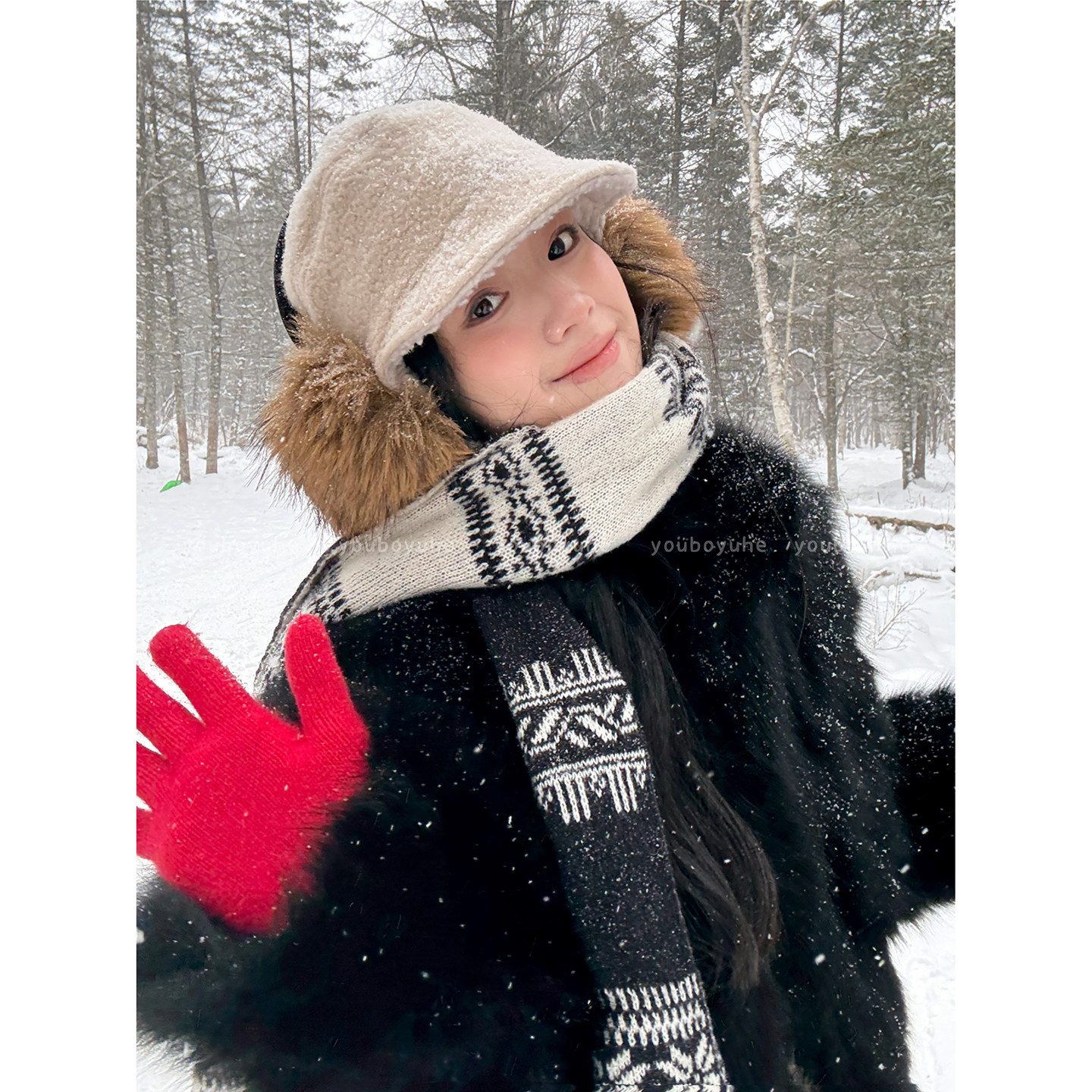 费尔岛双面红色新年围巾女冬季氛围感披肩高级感保暖围脖耳罩配饰,淘宝优惠券,粉丝福利购,淘宝优惠卷