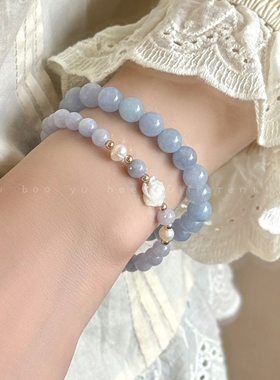 天然贝壳手串海蓝宝山茶花手链女