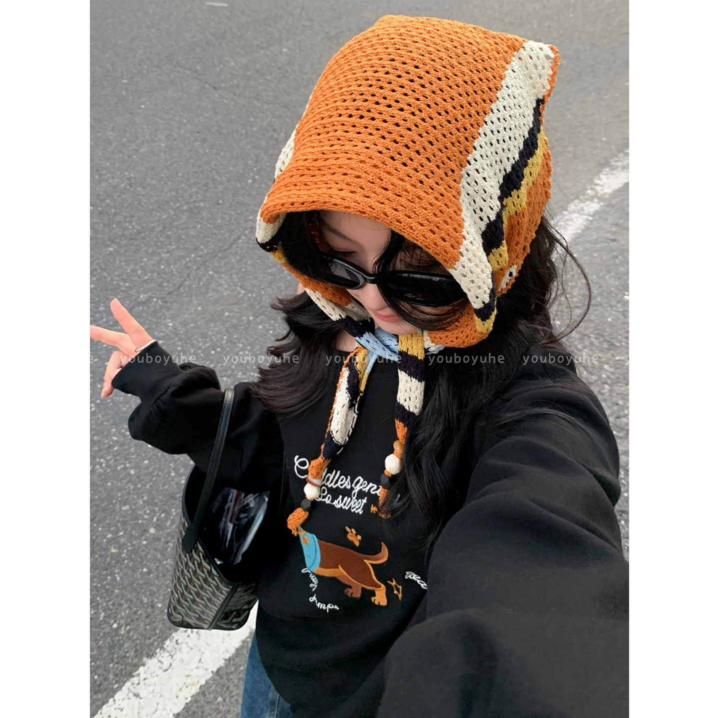 韩系撞色条纹镂空针织披肩外搭女2025新款三角小坎肩秋冬毛衣配饰,淘宝优惠券,粉丝福利购,淘宝优惠卷