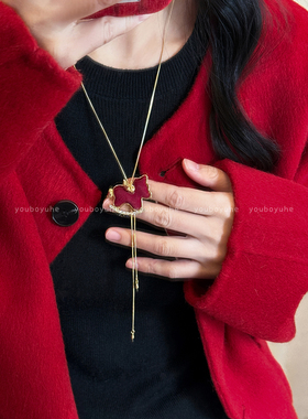 红色植绒小马双层抽拉项链毛衣链