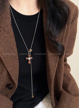 复古咖色木质十字架项链抽拉配饰