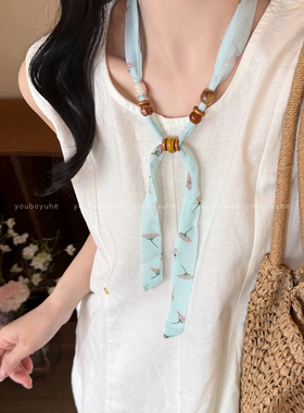 蓝色格纹串珠项链女个性装饰配饰