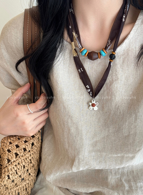 美拉德虎眼石花朵串珠项链毛衣链