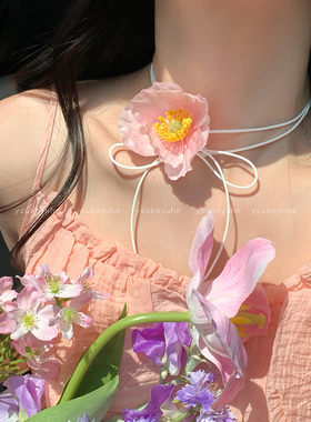 仿真虞美人花朵项链女超仙颈链