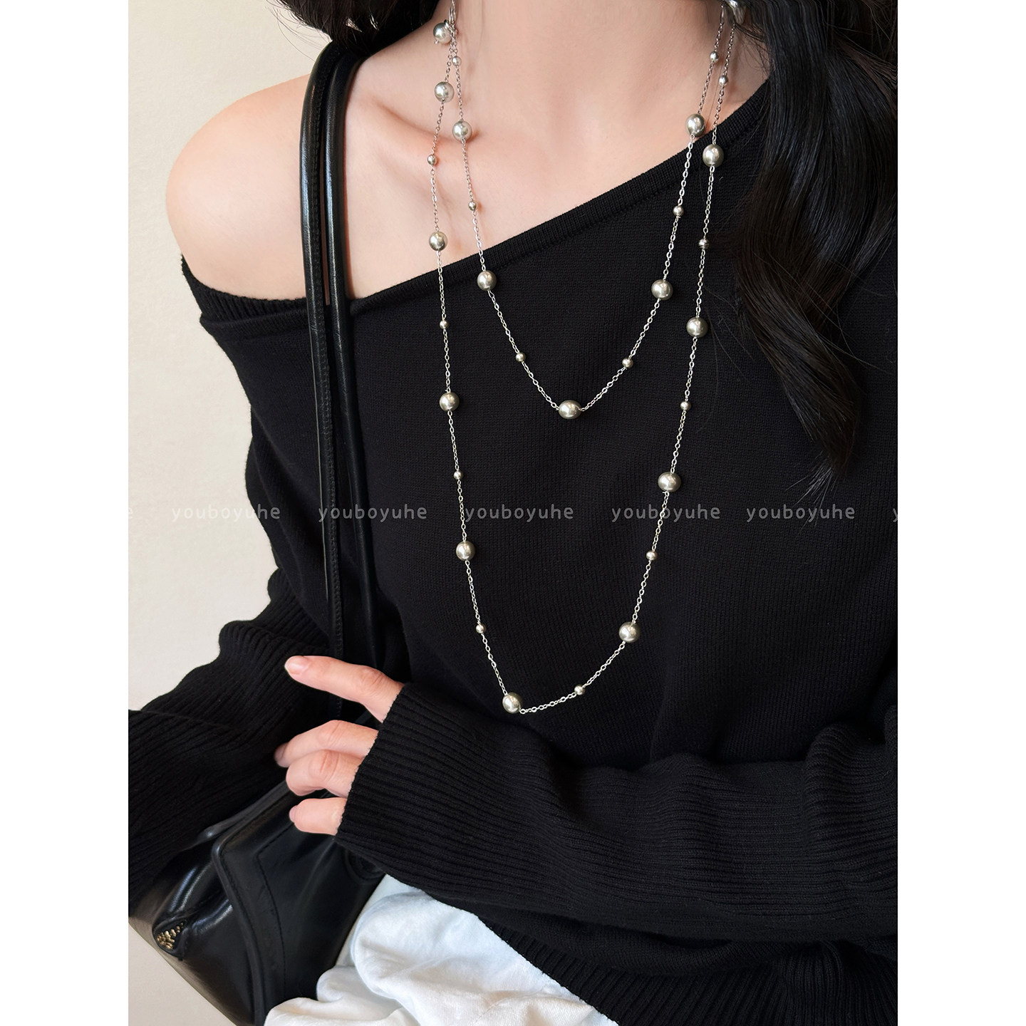 满天星珍珠叠戴长款项链女秋冬高级感轻奢小众夸张毛衣链颈链配饰,淘宝优惠券,粉丝福利购,淘宝优惠卷