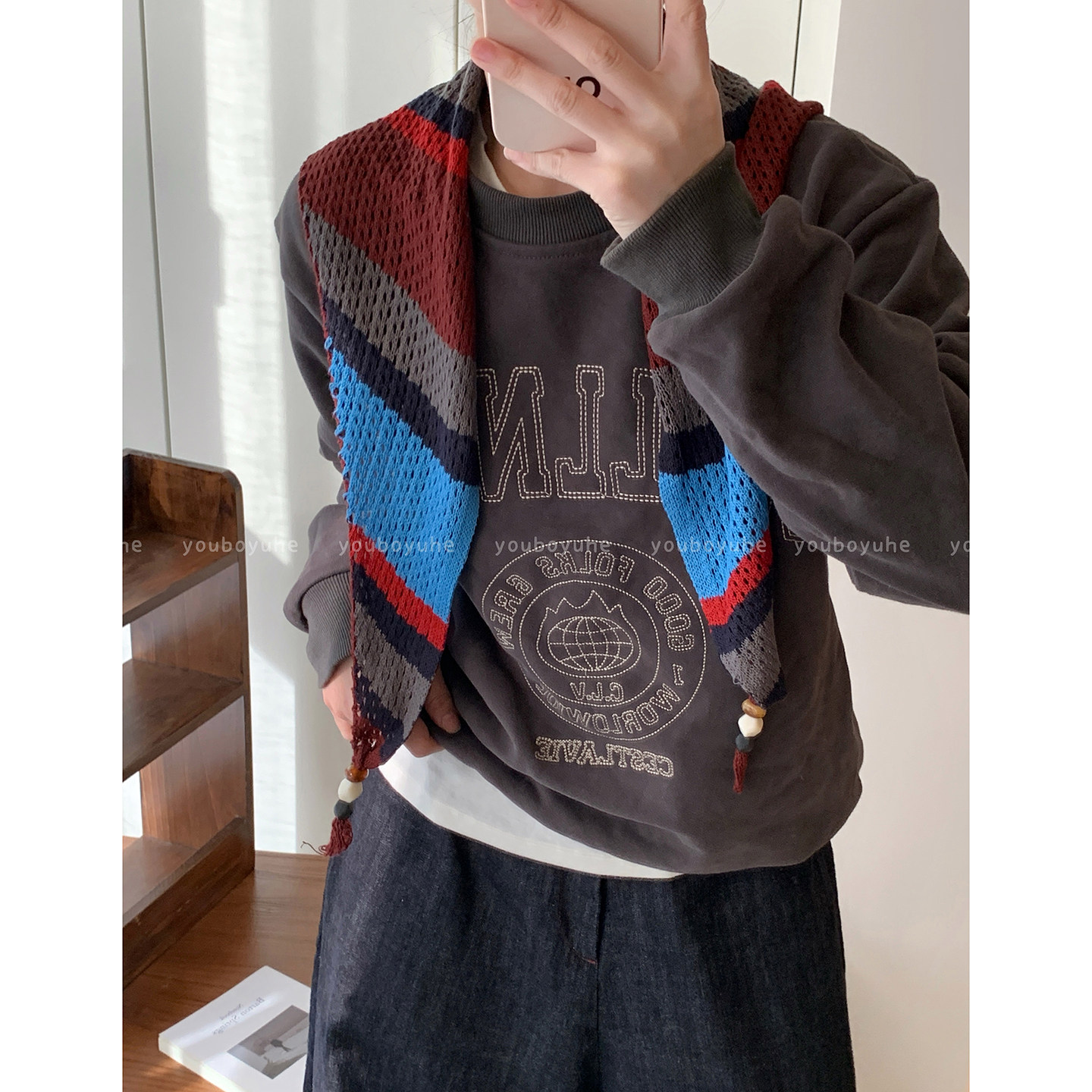 韩系撞色条纹镂空针织披肩外搭女2025新款三角小坎肩秋冬毛衣配饰,淘宝优惠券,粉丝福利购,淘宝优惠卷