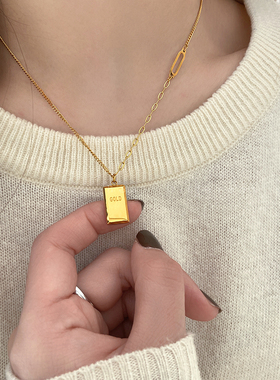 钛钢招财暴富小金条方牌秋冬项链