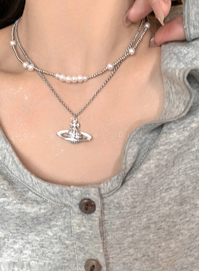 土星珍珠叠戴项链法式高级配饰