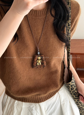 美拉德毛绒金色小熊长款挂绳项链