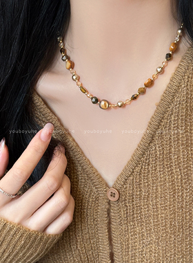 美拉德虎眼石水晶复古项链毛衣链
