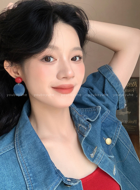 迷雾蓝色几何圆片耳环女复古耳钉