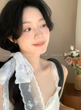纯欲白色蕾丝飘带长条丝巾发带女