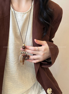 设计感小众百搭咖色花朵长款项链