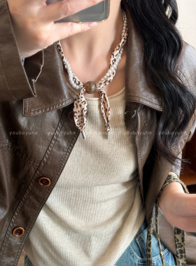 粉色豹纹磁吸珍珠丝巾项链配饰女