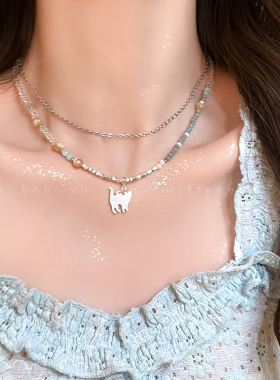 双层叠戴天然石小猫项链颈链配饰