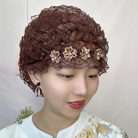 夏季新款超薄蕾丝边弹力美人纱妈妈帽遮阳防尘遮白发中老年包头帽 - 图3