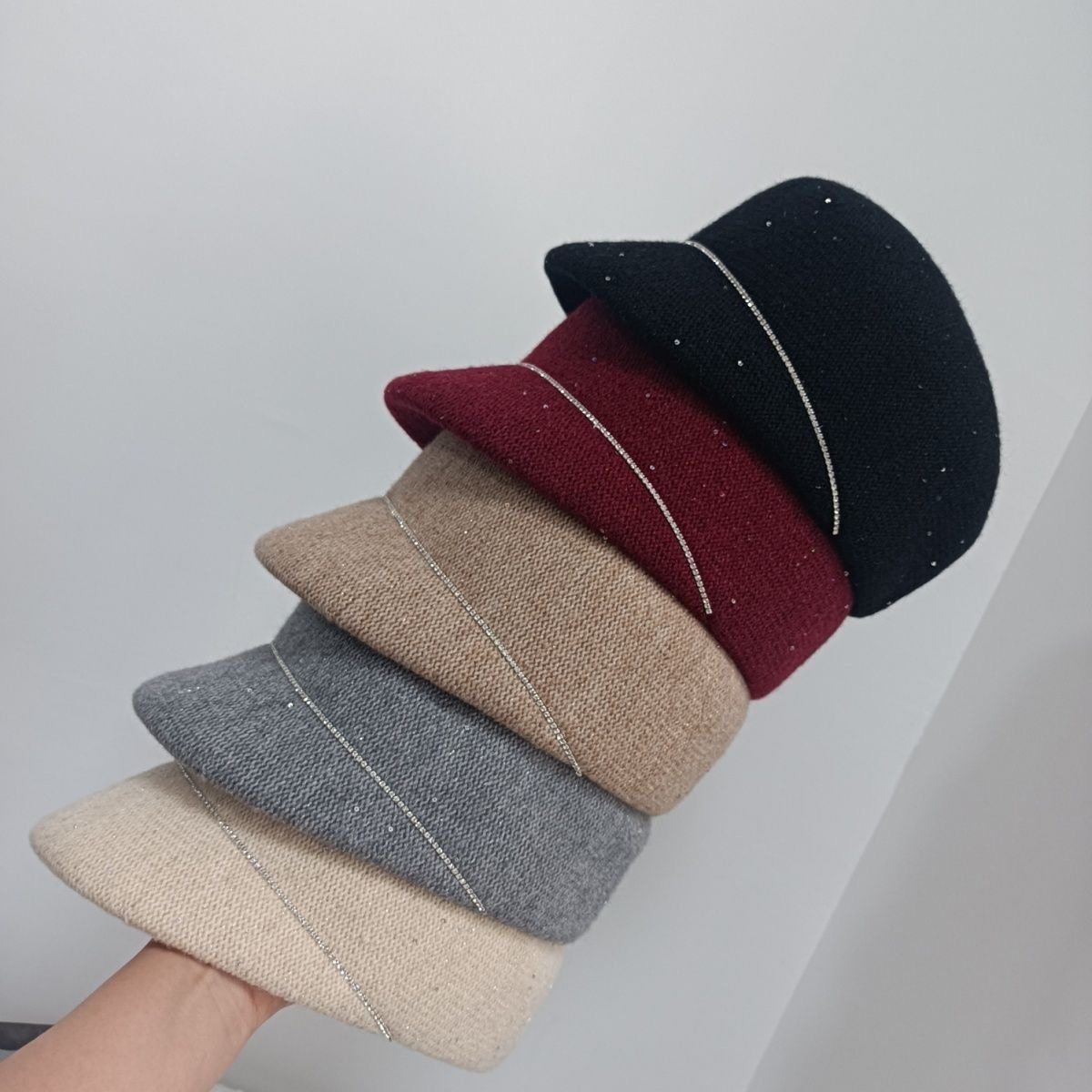 新款亮片链条马术秋冬网红时尚百搭修饰脸型针织八角帽英伦鸭舌帽,淘宝优惠券,粉丝福利购,淘宝优惠卷