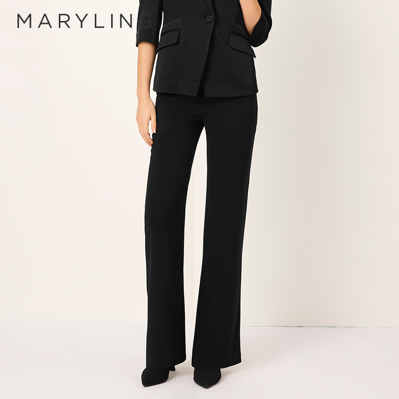 MARYLING玛俪琳2025春季新品黑色小直筒松紧腰微喇长裤A1FBW51140 - 图0