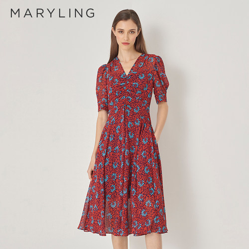 MARYLING玛俪琳秋季新品红色花海V领收腰碎花连衣裙A1DFW62450 - 图0