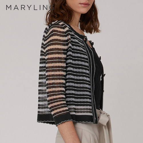 MARYLING玛俪琳夏季黑白条圆领七分袖针织开衫A1CCW08890 - 图1