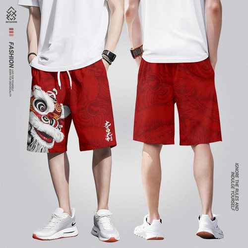 2025夏季新款国潮醒狮速干短裤男中国风宽松薄款运动沙滩五分裤子 - 图1