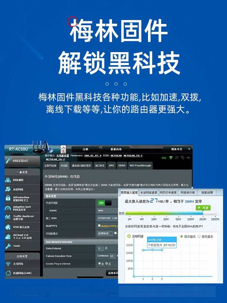 华硕RT-AC68U路由器双频千兆无线路由器双核家用企业WiFi5光纤-图1
