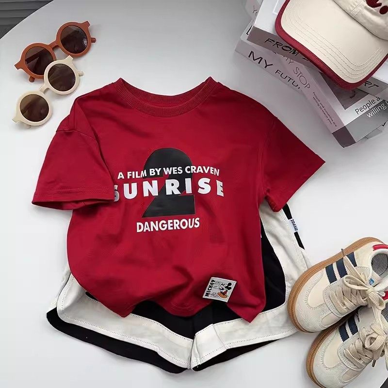 儿童酷帅时髦红色短袖t恤夏季0-6岁男童字母印花纯棉半袖上衣宽松,淘宝优惠券,粉丝福利购,淘宝优惠卷