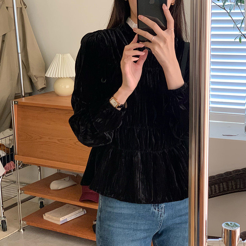 黑色丝绒蕾丝领2021秋季新款衬衫 着潮衬衫