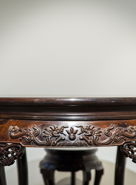 清代红木雕龙纹大圆桌圆凳成套一桌六凳明清古典老家具古董收藏